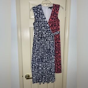 WOMENS TWO TONE TWO LENGTH PATTERN DRESS MAGGY LONDON BLUE WHITE RED POLY